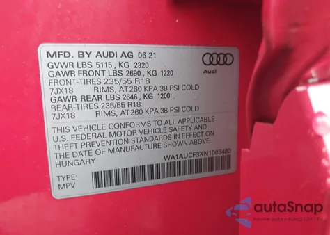 2022 Audi Q3 Premium 40 Tfsi Quattro Tiptronic z USA, uszkodzony, nr VIN WA1AUCF3XN1003480